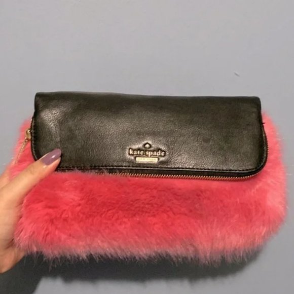 kate spade evening belles steffe faux fur pink black leather clutch purse bag - Picture 4 of 16
